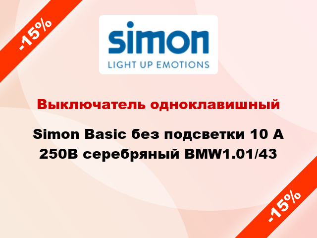 Выключатель одноклавишный Simon Basic без подсветки 10 А 250В серебряный BMW1.01/43